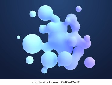 3d blue liquid blobs set. Abstract colored spheres in flight. Vector realistic render of bubbles on an isolated white background. Illustration of lava lamp elements.