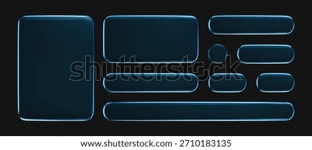 3D blue liquid glass buttons with a transparent neon futuristic effect, isolated on dark background. Cyan liquid glass frame, UI UX elements for phone app or game interfaces. 3D tech digital vector