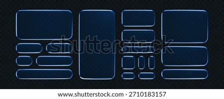 3D blue liquid glass buttons with a transparent neon futuristic effect, isolated on dark background. Shine liquid glass frame, UI UX elements for phone app or game interfaces. 3D tech digital vector