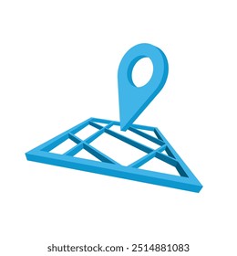 3D blue location marker on a map grid, place icon, navigation symbol, isometric perspective.