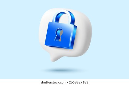 Icono de bloqueo azul 3D en una burbuja de chat, aislado en el fondo. Icono de chat de seguridad en Ilustración vectorial 3D