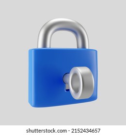 3d blue locked padlock icon with key isolated on gray background. Render minimal closed padlock with a keyhole. Confidentiality and security concept. 3d cartoon simple vector illustration