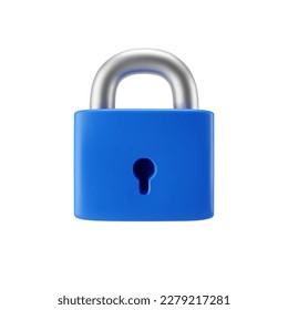 3d blue locked padlock icon isolated on gray background. Render minimal closed padlock with a keyhole. Confidentiality and security concept. 3d cartoon simple vector illustration