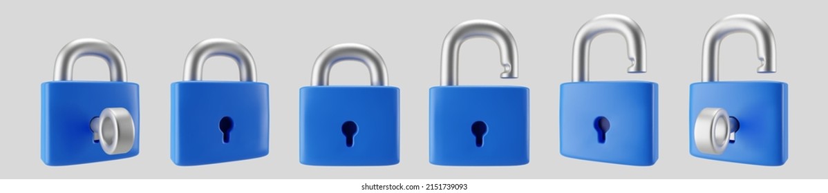 3d blue locked and unlocked padlock icon set with key isolated on gray background. Render minimal padlock with a keyhole. Confidentiality and security concept. 3d cartoon simple vector illustration