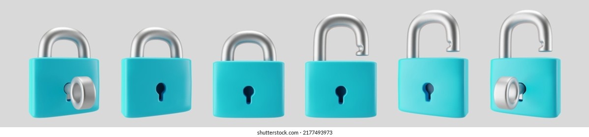 3d blue locked and unlocked padlock icon set with key isolated on gray background. Render minimal padlock with a keyhole. Confidentiality and security concept. 3d cartoon simple vector illustration