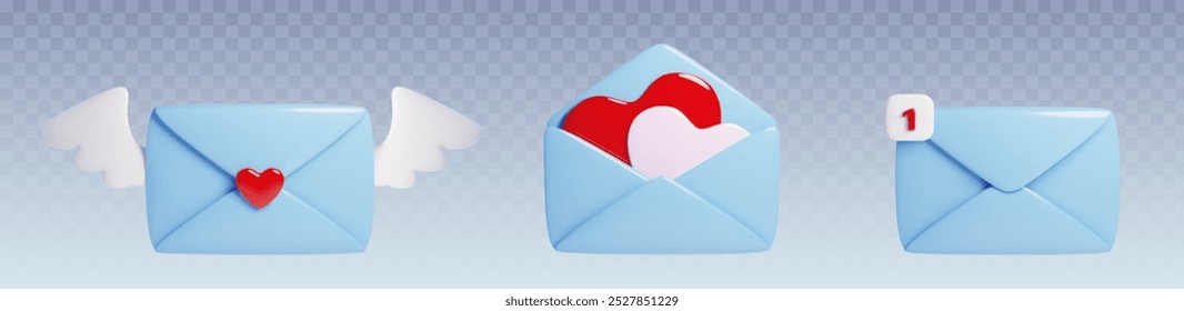 3d blue love mail letter with heart vector icon. Valentine day gift message in open envelope for mother. Realistic graphic note element for wedding with wings. Marketing secret with cute email