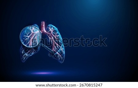3d blue lungs with bronchial tree structure under magnifying glass. Pulmonary system, respiratory disease detection, diagnostic testing concept. Low poly digital futuristic style, wireframe. Vector.