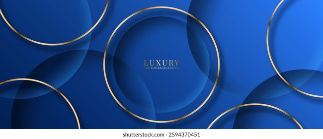 3D blue luxury abstract background overlap layer on bright space with golden circles lines decoration. Modern graphic design element cutout shape style concept for web, flyer, card, or brochure cover