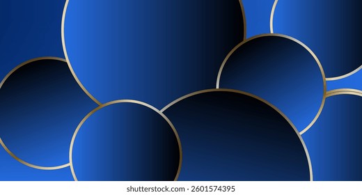 3D blue luxury abstract background overlap layer on bright space with golden circles lines decoration. Modern graphic design element cutout shape style concept for web, flyer, card, or brochure cover