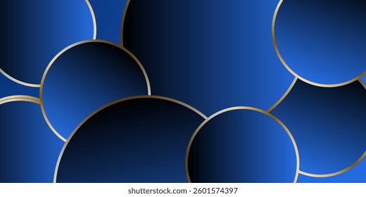 3D blue luxury abstract background overlap layer on bright space with golden circles lines decoration. Modern graphic design element cutout shape style concept for web, flyer, card, or brochure cover