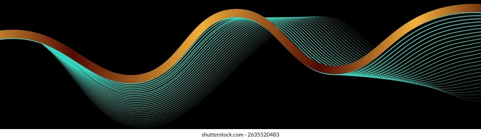 Capa de superposición de fondo abstracto de lujo azul 3D en el espacio oscuro con decoración de efecto de ondas doradas. Concepto de estilo de líneas de elemento de Diseño gráfico moderno para Anuncio de Web, volante, arte, tarjeta o cubierta de folleto