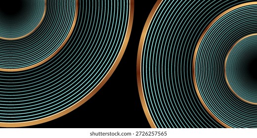 Capa de superposición de fondo abstracto de lujo azul 3D en el espacio oscuro con decoración de efecto de círculos dorados. Concepto de estilo de líneas de elemento de Diseño gráfico moderno para Anuncio de Web, volante, tarjeta o cubierta de folleto