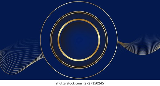 Capa de superposición de fondo abstracto de lujo azul 3D en el espacio oscuro con decoración de líneas de círculos dorados. Concepto moderno del estilo del recorte del elemento del Diseño gráfico para el Anuncio del Web, el volante, la tarjeta, o la cubierta del folleto