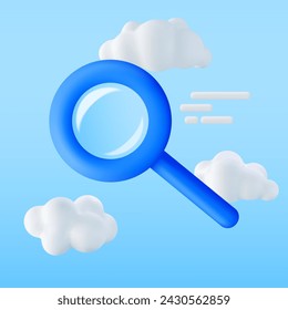 3D Blue Magnifying Glass in Clouds. Render Plastic Cartoon Zoom Lens. Loupe Tool Icon. Discovery, Analysis, Research, Investigation, Cloud Network and Social Media Search Concept. Vector Illustration