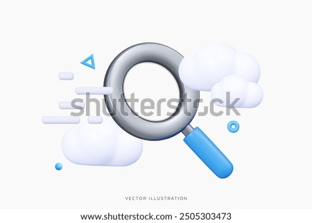 3D Blue magnifying glass with clouds and decoration elements. Web search and analysis concept. Cute lupe. Find information. Cartoon design object. 3D Vector Illustration