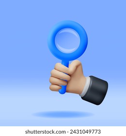 3D Blue Magnifying Glass in Hand Isolated. Render Plastic Cartoon Zoom Lens. Loupe Tool Icon. Discovery, Analysis, Research, Investigation, Search Concept. Vector Illustration