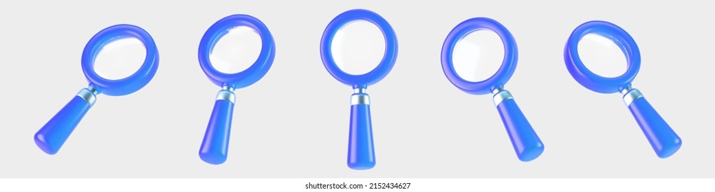 3d blue magnifying glass icon set isolated on gray background. Render minimal transparent loupe search icon for finding, reading, research, analysis information. 3d cartoon realistic vector