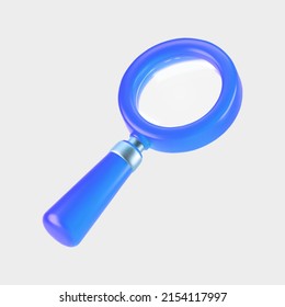 3d blue magnifying glass icon isolated on gray background. Render minimal transparent loupe search icon for finding, reading, research, analysis information. 3d cartoon realistic vector