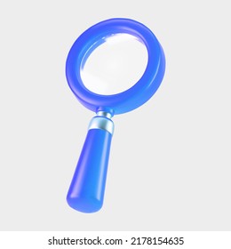 Icono de la lupa azul 3d aislado en fondo gris. Icono mínimo de búsqueda transparente para encontrar, leer, investigar, analizar información. 3.ª caricatura vector realista