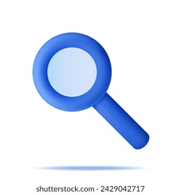 3D Blue Magnifying Glass Isolated on White. Render Plastic Cartoon Zoom Lens. Loupe Tool Icon. Discovery, Analysis, Research, Investigation, Search Concept. Vector Illustration