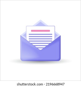 3d blue mail envelope icon, paper note isolated on white background. Render new mail on phone. 3d realistic minimal vector