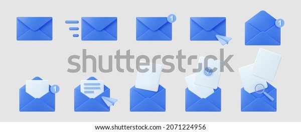 3d blue mail envelope icon set with marker new\
message isolated on grey background. Render email notification with\
letters, check mark, paper plane and magnifying glass icons. 3d\
realistic vector
