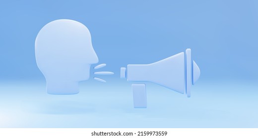 Icono de grito megáfono del 3d Blue Man aislado en fondo azul. Ilustración vectorial.