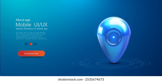 Icono de pin de mapa azul 3D con un diseño futurista y elegante, establecido contra un fondo de interfaz digital. Ideal para proyectos de tecnología, navegación e interfaz de usuario futurista. Ilustración vectorial