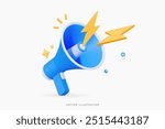 3D Blue megaphone and flash lightnings. Special offer. Social media promotion. Marketing time concept. Loudspeaker or speaker object. Realistic design emoji icon. 3D Vector illustration