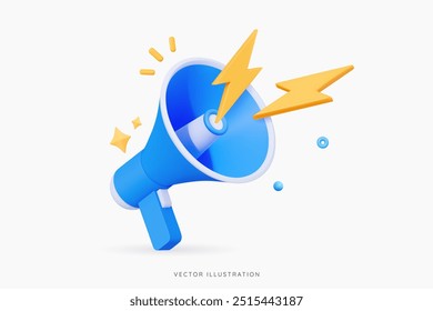 3D Blue megaphone and flash lightnings. Special offer. Social media promotion. Marketing time concept. Loudspeaker or speaker object. Realistic design emoji icon. 3D Vector illustration