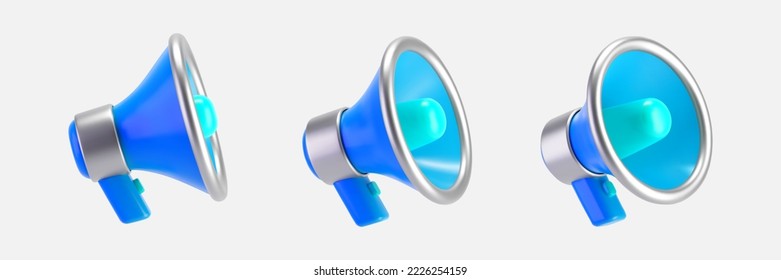 3d blue megaphone icons set isolated on gray background. Render of loudspeaker for announce attention, promotion, hiring, sale and marketing concept. Render 3d cartoon simple vector illustration