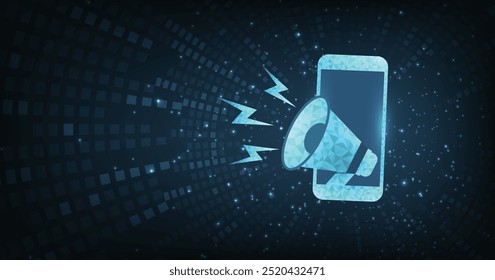 megafone azul 3D no telefone celular com relâmpago. Anúncio de mensagem importante do design de banner de megafone. Alto-falante para vendas, alerta de cuidado, anúncio de informações, ilustração Vetor