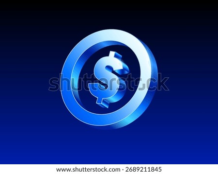 3D blue metallic dollar symbol inside a circular ring on a dark blue gradient background, modern vector icon design representing finance, wealth, and digital currency. 3d vector illustration