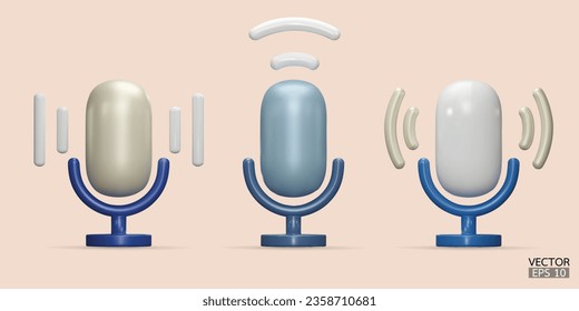 3D blue microphone on stand icon set. Podcast icon vector. Voice vector icon, Record. audio equipment, Broadcasts, and interviews. 3d vector illustration.