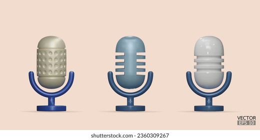 3D blue microphone on stand icon set. Podcast icon vector. Voice vector icon, Record. audio equipment, Broadcasts, and interviews. 3d vector illustration.