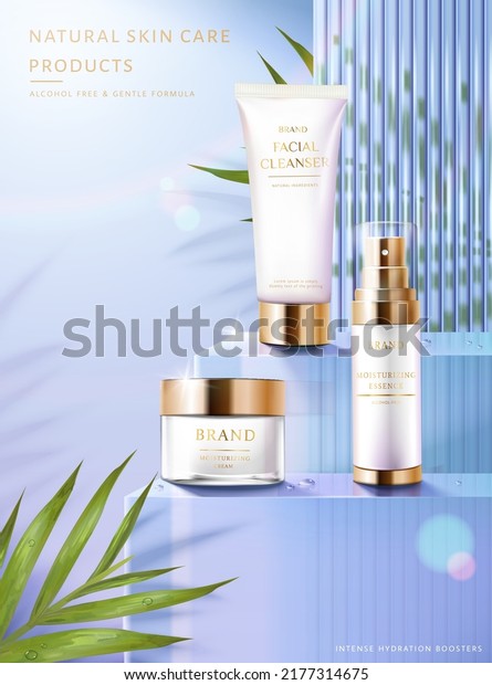 3d blue minimal skincare kit ad template. Product\
mock-ups displayed on glass stages with wavy shape divider and palm\
leaves.