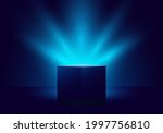 3D blue mystery box with Illuminated lighting glitter on dark background. Vector illustration