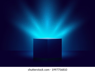 3D blue mystery box with Illuminated lighting glitter on dark background. Vector illustration - Shutterstock ID 1997756810