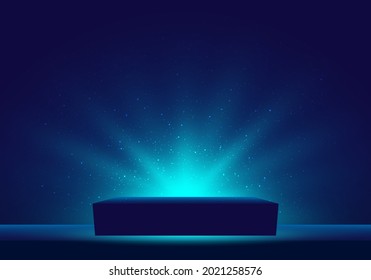 3D blue mystery box with Illuminated lighting glitter on dark background. Vector illustration