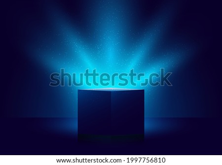 3D blue mystery box with Illuminated lighting glitter on dark background. Vector illustration