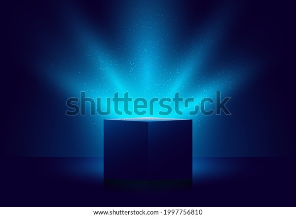 3D blue mystery box with\
Illuminated lighting glitter on dark background. Vector\
illustration