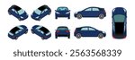 3D Blue and Navy Blue Car Vector Template: Isometric, Front, Rear, Side and Top Views - Vehicle Hatchback and Sedan Mockup.