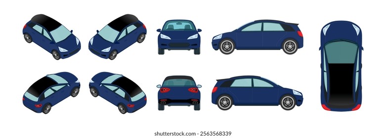 3D Blue and Navy Blue Car Vector Template: Isometric, Front, Rear, Side and Top Views - Vehicle Hatchback and Sedan Mockup.