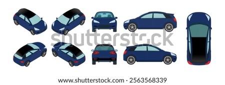 3D Blue and Navy Blue Car Vector Template: Isometric, Front, Rear, Side and Top Views - Vehicle Hatchback and Sedan Mockup.