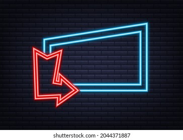 3d blue neon arrow on dark backdrop. Vector white light. Graphic color background. Vector illustration.