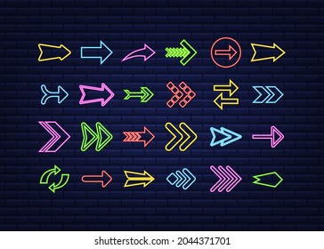 3d blue neon arrow set on dark backdrop. Vector white light. Graphic color background. Vector illustration.