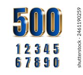 3d blue numbers with golden outline. Symbol set. Vector illustration