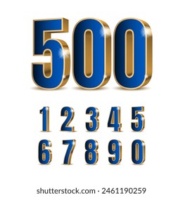 3d blue numbers with golden outline. Symbol set. Vector illustration