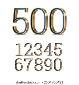 3d blue numbers with golden outline. Symbol set. Vector illustration