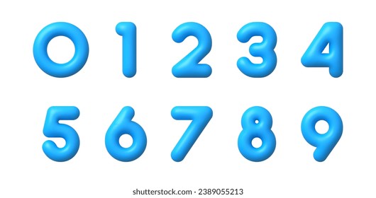 3d blue numbers. Realistic light blue plastic digits render, inflated bubble business symbols 10 number from 0 to 9 for banner anniversary isolated vector set. Creative typeface for numerals